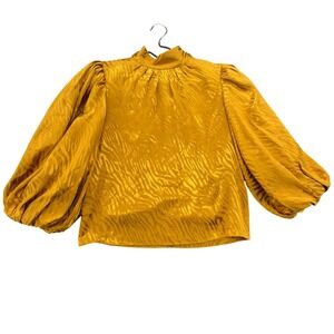 Alice + Olivia Mustard Yellow Tiger Jacquard Puff Sleeve Mock Neck Blouse